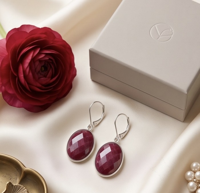 Giovanna Natural 22.2 carat Kasmir Ruby 18K Gold over .925 Sterling Silver handcrafted Statement earrings - Ruby earrings with gift box and flower, top view.