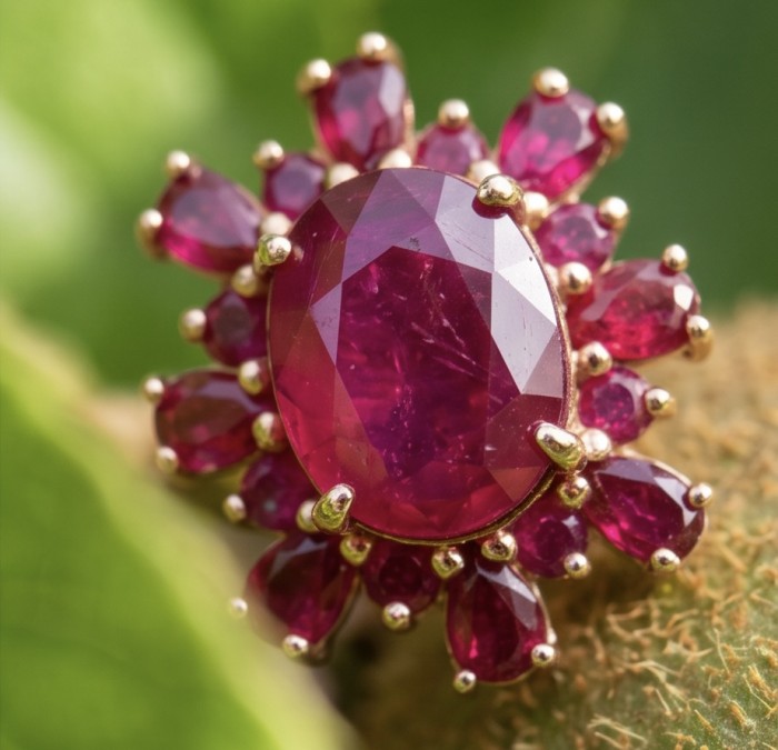 Giovanna - Magnificent Jewel 8.5 carat Mozambique Ruby 22K Rose Gold over .925 Sterling Silver handcrafted incredible earrings - Close-up of Giovanna Mozambique Ruby 8.5 carat in 22K setting