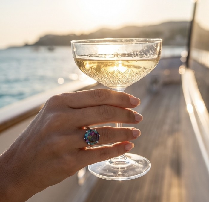 7.8 carat Brazilian Tourmaline .925 Sterling Silver Perfectly handcrafted Ring s. 7 - Hand wearing 7.8 carat Brazilian Tourmaline ring, holding a glass on a boat.
