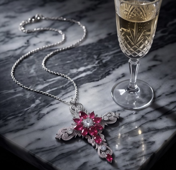 Precious Cross Genuine 14.2 carat Garnet rhodium over .925 Sterling Silver handmade necklace - Garnet cross necklace on marble with a glass of champagne, top view.