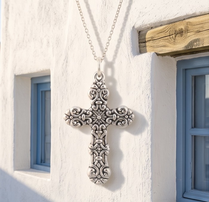 Holy Cross the best quality .925 Sterling Silver Bali made Pendant - Sterling silver cross pendant close-up against a white wall background