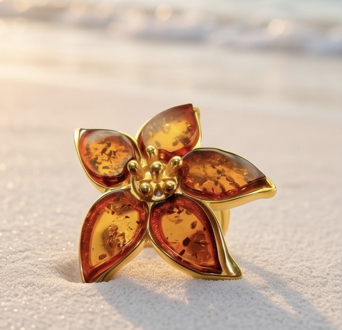 Golden Flower Authentic Baltic Amber 18K Gold over .925 Sterling Silver handcrafted ring; s. 7 adjustable - Golden flower amber ring on sand, close-up of petal detail