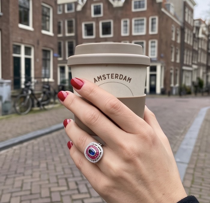 Art Deco 8.6 ctw Sapphire Emerald .925 Sterling Silver handcrafted Statement Ring size 7 1/2 - Ring with sapphire and emerald, worn on hand, Amsterdam coffee cup background.