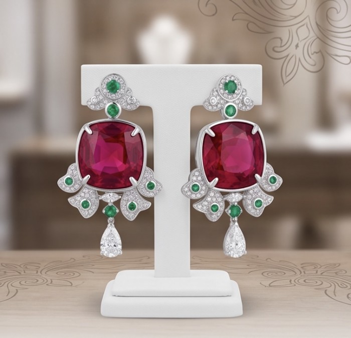 Art deco Magnificent Jewel 20.4 carat Ruby .925 Sterling Silver dipped rhodium handcrafted incredible earrings - Art deco earrings front view, featuring 20.4 carat ruby and emerald accents.