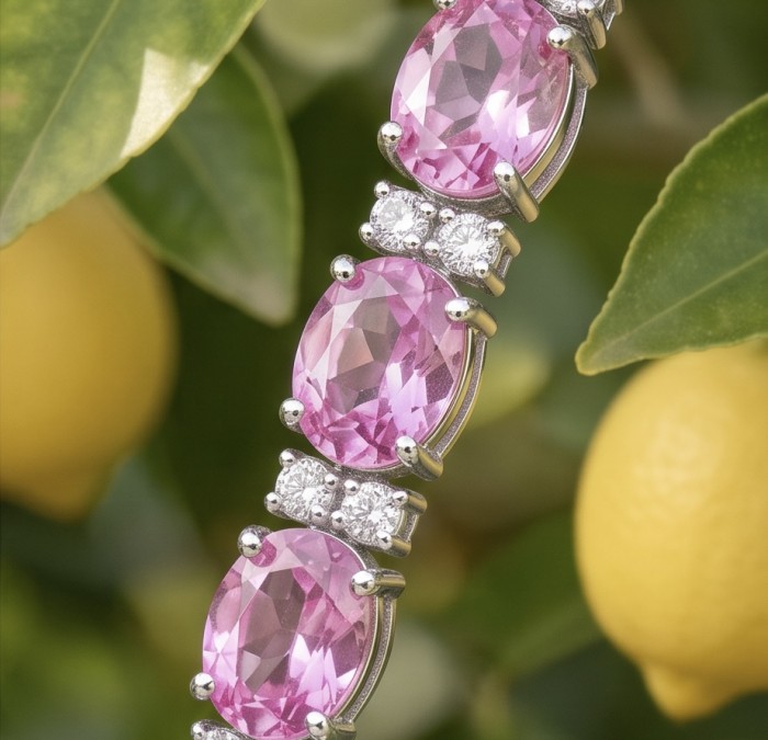 Luxurious 28.4 carat Pastel Light Pink Sapphire .925 Sterling Silver handcrafted Bracelet - Close-up of light pink sapphire bracelet with lemon background