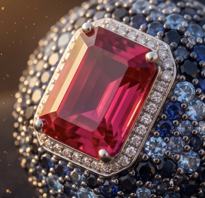 Scarlett 28.8 ctw Mozambique Ruby rhodium over .925 Sterling Silver handcrafted Statement Ring size 8 1/4 - Close-up of Scarlett Mozambique ruby ring with sapphire accents
