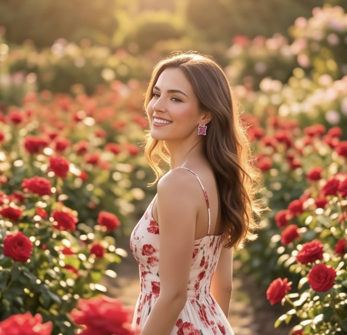 Giovanna -15.2 carat Kashmir Ruby .925 Sterling Silver dipped in rhodium handcrafted incredible Statement earrings - Woman wearing Giovanna Kashmir Ruby earrings in a rose garden.