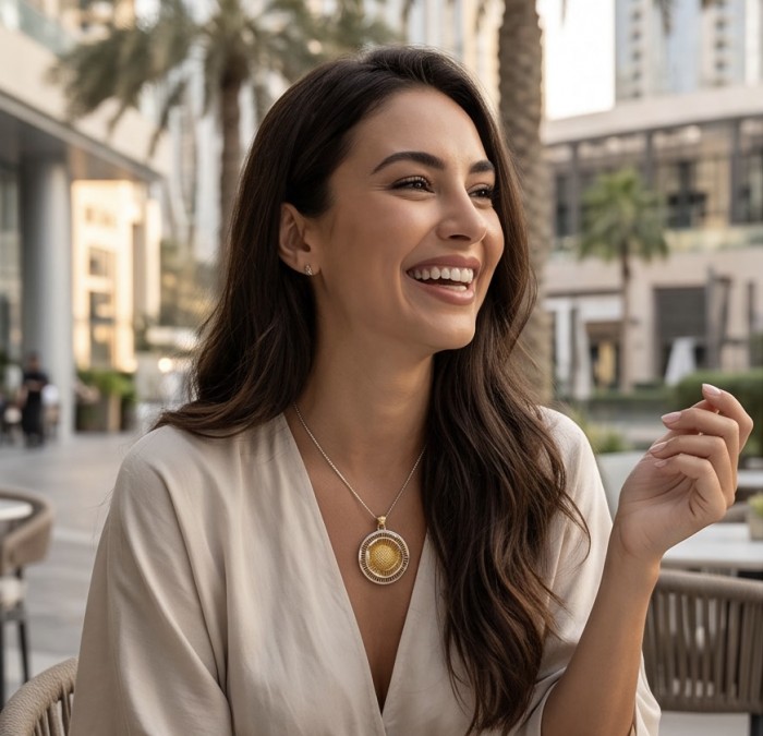 Dubai Style - Golden Rose .925 Sterling Silver dipped in 22K Gold handmade Pendant - Woman wearing Dubai Style Golden Rose necklace outdoors.