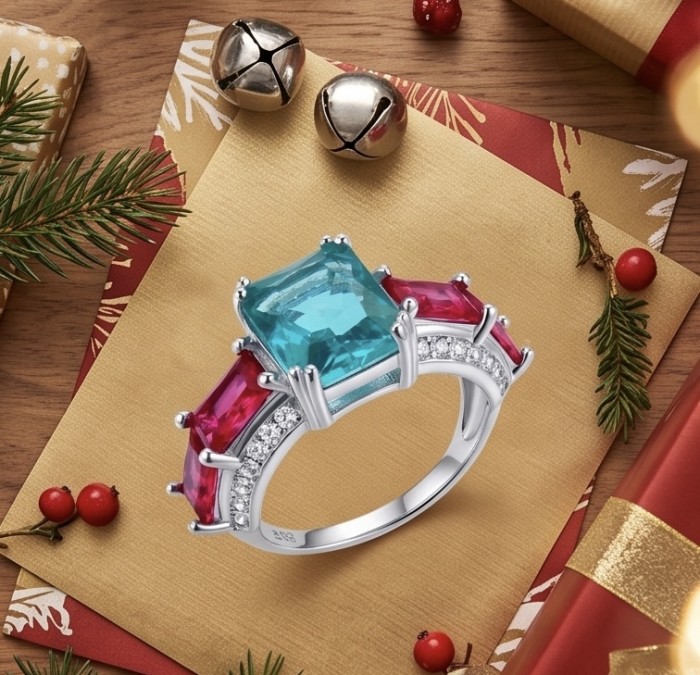 Natural 8.4 carat Kasmir Ruby .925 Sterling Silver dipped in rhodium handmade Statement Ring size 8 - Elegant ring with blue and red stones, holiday-themed background