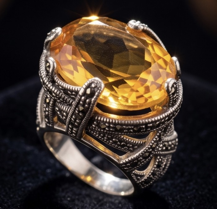 Costa del Sol 22.4 carat Lemon Quartz rhodium over .925 Sterling Silver handcrafted ring size 8 - Close-up of Costa del Sol 22.4 carat Lemon Quartz ring, ornate setting.