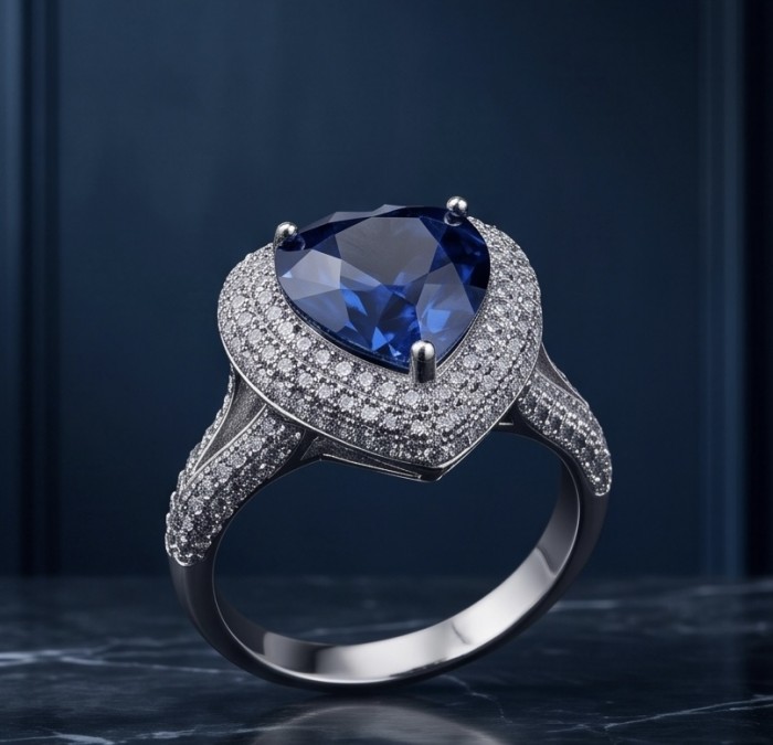 Ocean's Heart - Luxurious 7.8 carat Sapphire .925 Sterling Silver handcrafted Ring size 7 - Heart-shaped sapphire ring close-up on blue background.