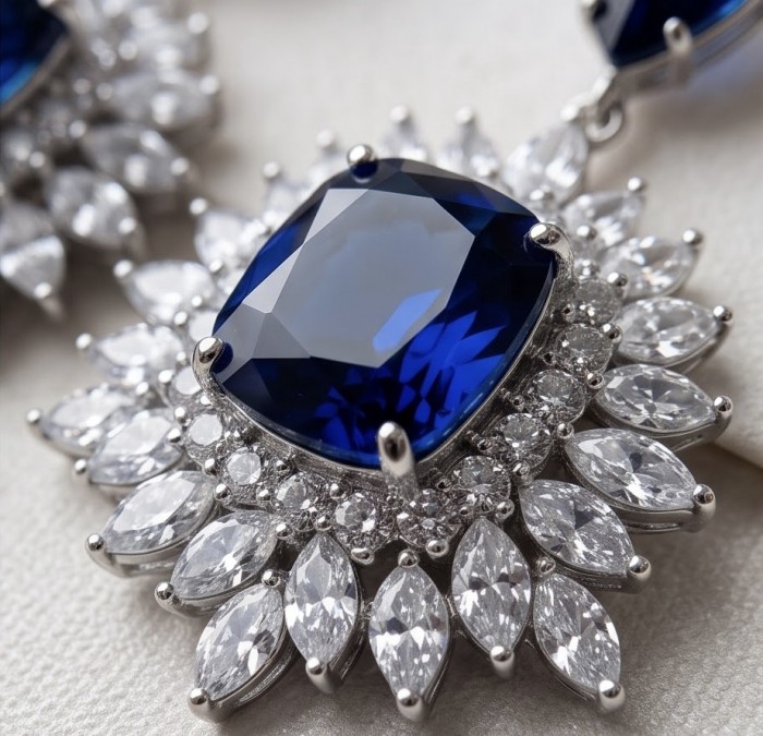 Giuseppina - Authentic 15.5 carat Amethyst Sapphire rhodium over .925 Sterling Silver handcrafted Statement earrings - Close-up of sapphire and diamond Giuseppina pendant.