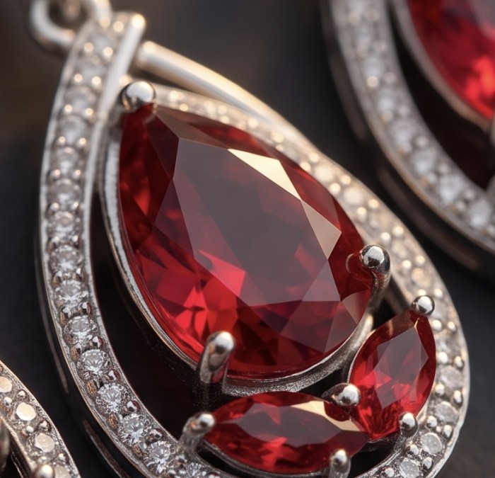 Vintage style - Giovanna - 6.8 carat Red .925 Sterling Silver handcrafted earrings - Close-up of vintage red gemstone pendant in sterling silver setting.
