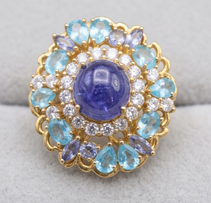 Emily oval cut 5.7 carat Authentic Tanzanite 22K Gold over .925 Sterling Silver handmade Statement ring size 8 - Close-up of Emily oval cut 5.7 carat Tanzanite ring in 22K gold setting