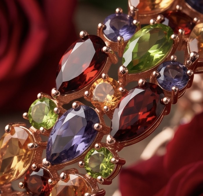 Tutti Frutti 125.5 CARAT MULTIGEM 14k Gold over .925 Sterling Silver brilliantly handcrafted Bracelet - Close-up of multigem stones in 14k gold setting with red roses background.