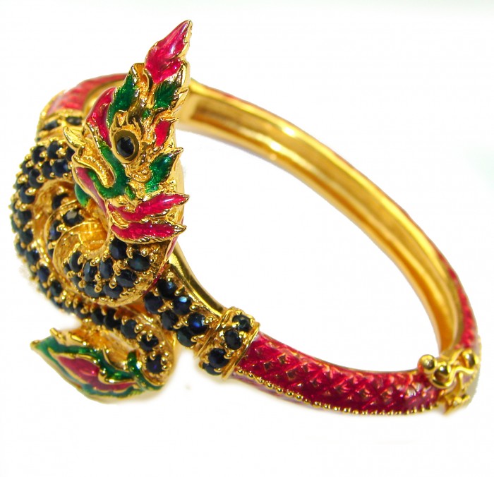 Truly Spectacular Dragon authentic 19.5 carat Ruby Enamel 14K Gold over .925 Sterling Silver handmade bangle Bracelet - photo 1