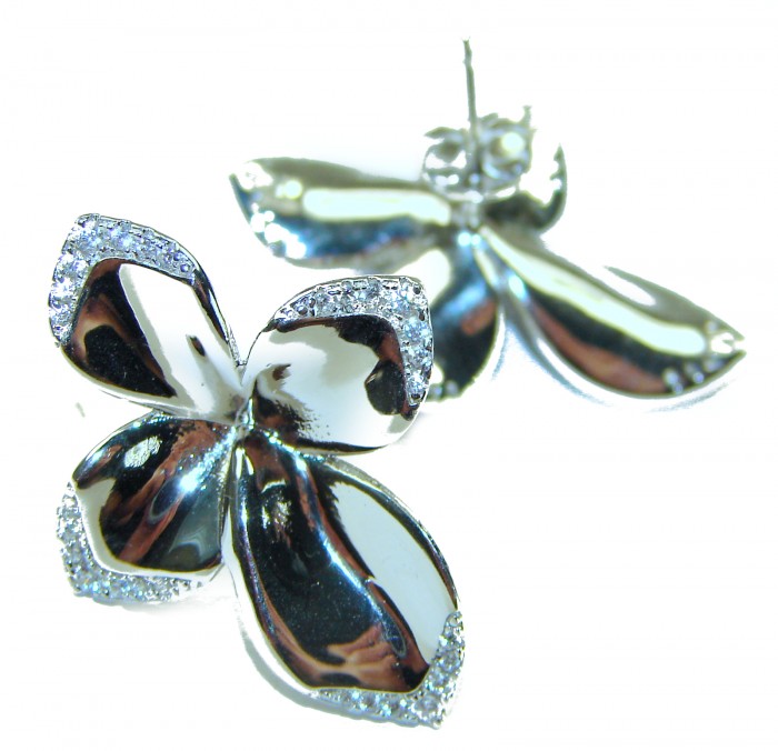 Lotus flower White Topaz highly polished Rhodium over .925 Sterling Silver Italy made Earrings - photo 1