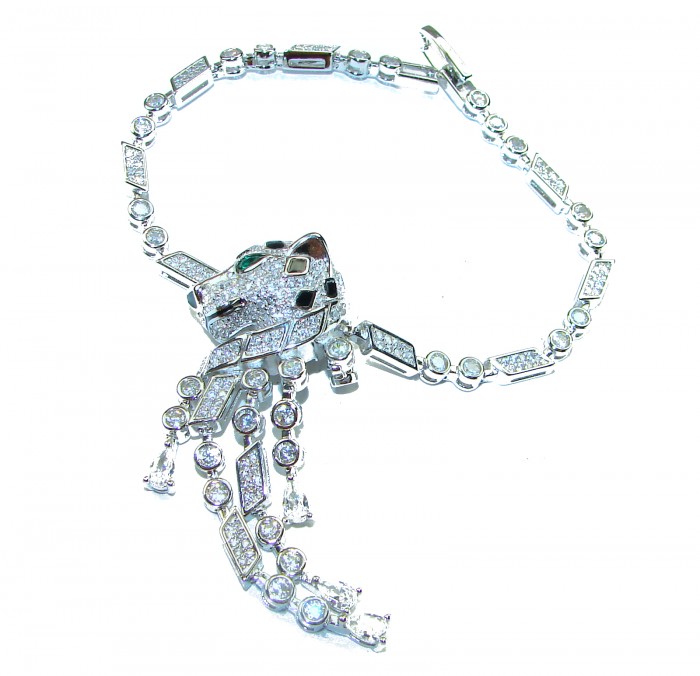 Cheetah 22.2 carat Emerald black enamel .925 Sterling Silver .925 Sterling Silver handcrafted Bracelet - Cheetah bracelet front view with emerald and black enamel accents