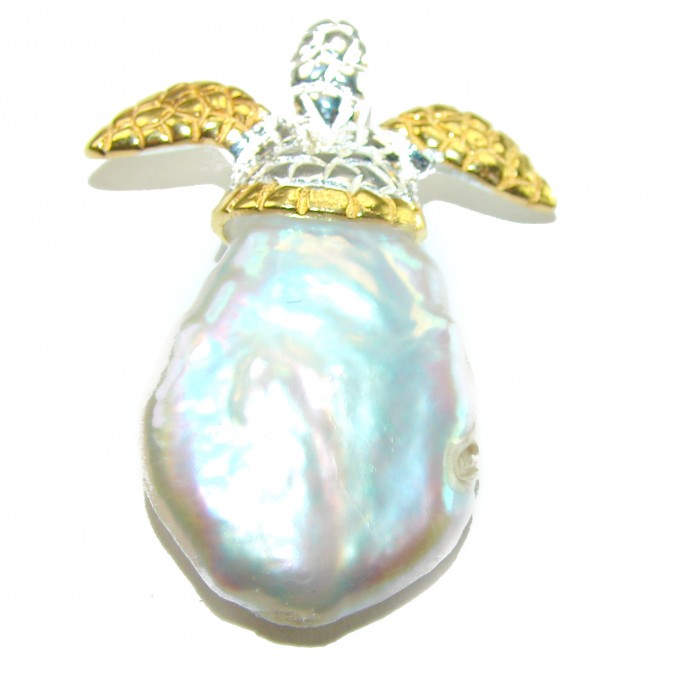 Good health and Long life Turtle Genuine Blister Pearl 14K Gold over .925 Sterling Silver handcrafted Pendant - Turtle pendant with blister pearl, top view, gold and silver detailing