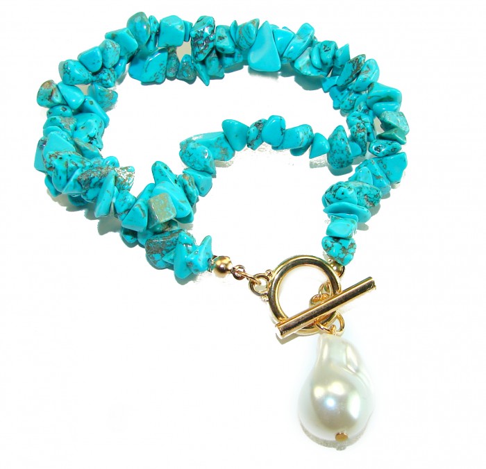 Luxurious natural Turquoise 14K Gold over .925 Sterling Silver handmade necklace - Turquoise necklace with toggle clasp and pearl detail.