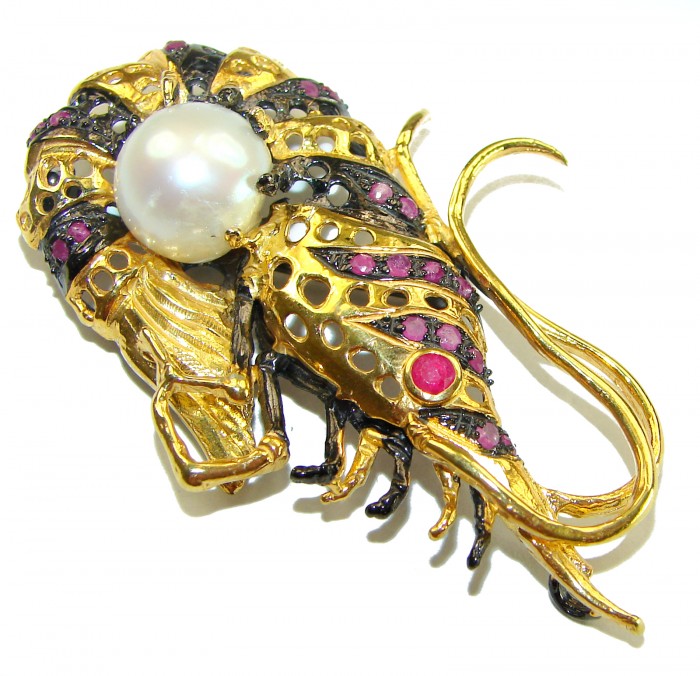Precious Shrimp genuine Ruby 14k Gold over .925 Sterling Silver handmade Pendant - Brooch - Gold shrimp brooch with pearl and rubies, top view close-up.