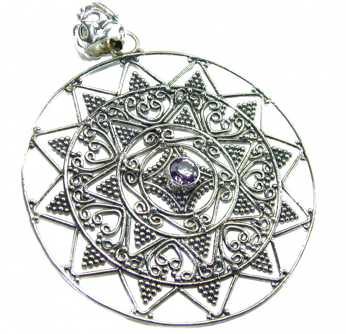 Vintage Design 12.4 CARAT Amethyst 18K Gold over .925 Sterling Silver handcrafted Pendant - Intricate pendant detail with amethyst stone, front view.