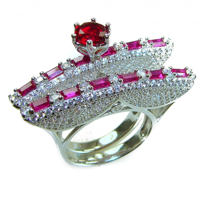 Extravaganza Large Ruby .925 Sterling Silver brilliantly handcrafted stack up ring s. 6 3/4 - Extravagant ruby and silver ring, side view showing detailed design.