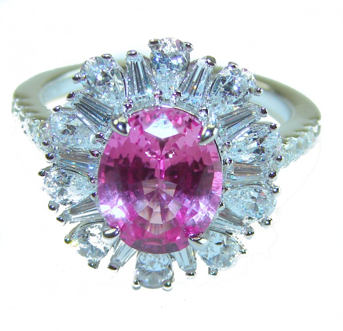 Blooming Beauty 5.8 carat oval cut Pink Sapphire .925 Silver handcrafted Cocktail Ring s. 7 1/4 - Pink sapphire ring close-up with diamond accents, top view