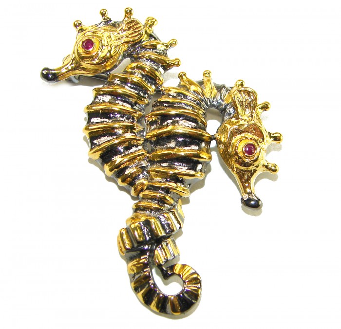 Two Seahorses Excellent 0.5 carat Ruby 14K Gold over .925 Sterling Silver handcrafted Pendant Brooch - Gold seahorse brooch with rubies, front view.
