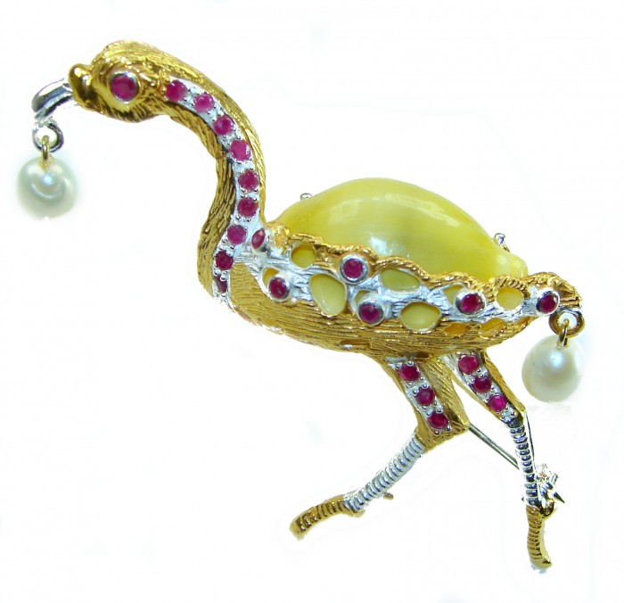 Precious Heron Natural Sea Shell 2 tones .925 Sterling Silver Brooch - Side view of heron-shaped brooch with shell and gemstones.