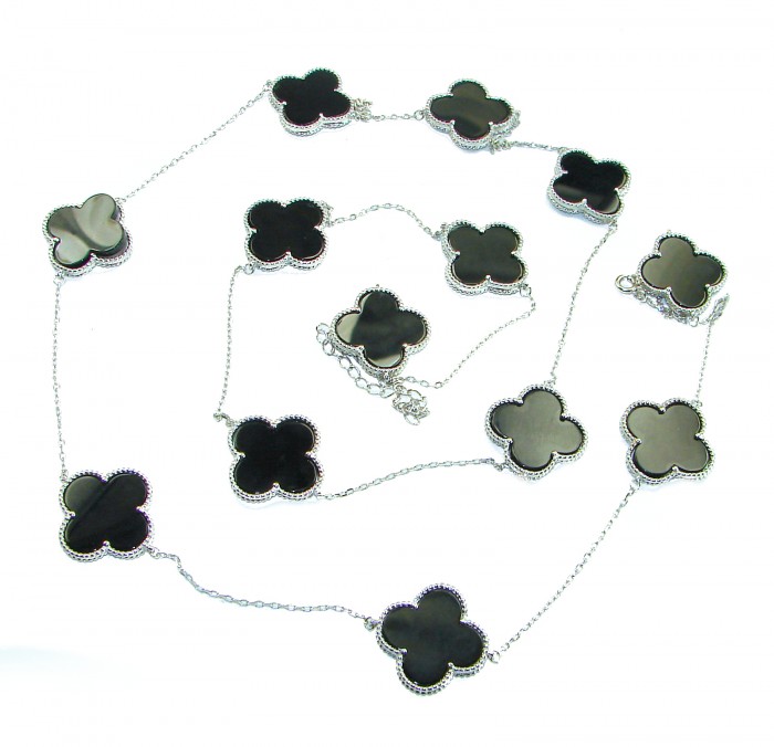 38 inches Outstanding authentic inlay ONYX Lucky Four Leaf Clover .925 Sterling Silver necklace - 38-inch onyx four-leaf clover necklace, full view.