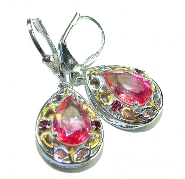 Genevieve 8.5 carat genuine Brazilian Watermelon Tourmaline .925 Sterling Silver handcrafted Statement earrrings - Close-up of Genevieve earrings with Brazilian Watermelon Tourmaline