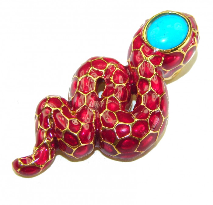 INCREDIBLE Red Snake Natural Ruby Enamel Snake 14K Gold over .925 Sterling Silver Pendant - Red snake-shaped brooch with blue stone, top view.