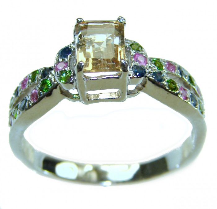 Golden Treasure 3.5 carat Citrine .925 Sterling Silver Handcrafted Ring size 9 - Citrine ring top view with multicolored gemstones and sterling silver band.