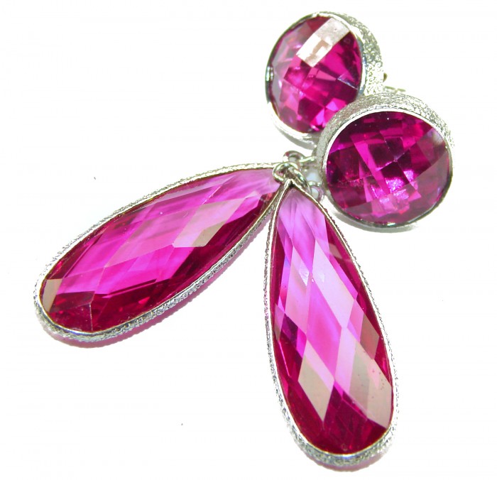 Tiffany - authentic 27.5 carat Pink Sapphire .925 Sterling Silver handcrafted Statement Earrings - Pink sapphire and sterling silver earrings, close-up view