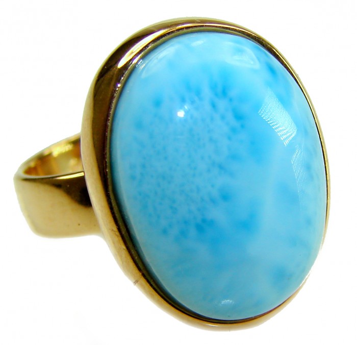 Blue Perfection AAAA QUALITY Blue Larimar 18K Gold over .925 Sterling Silver handmade Large ring size 8 adjustable - Close-up of Blue Larimar ring set in 18K gold.