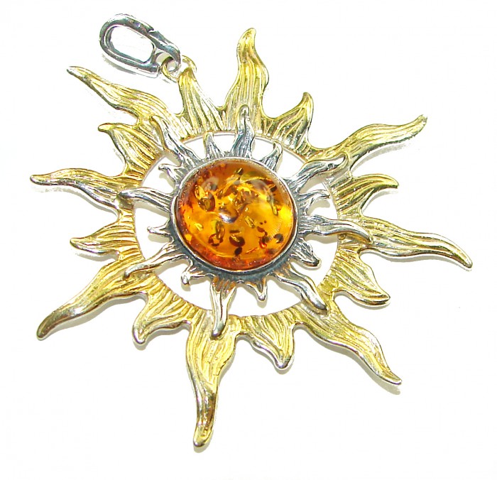 Bright Sun Baltic Polish Amber 14k Gold over .925 Sterling Silver handcrafted Pendant - Sun pendant with amber center, front view, gold and silver details