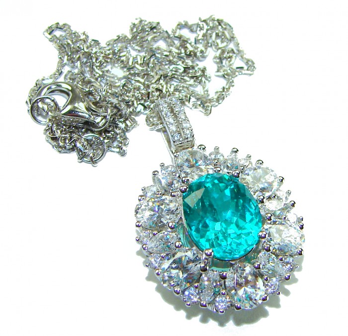 Wonderland 6.8 carat Paraiba Tourmaline .925 Sterling Silver Handcrafted Statement necklace - Paraiba Tourmaline pendant with chain, frontal view, .925 Sterling Silver