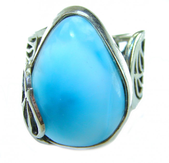 16.9 carat Blue Perfection natural Larimar .925 Sterling Silver handmade Large ring size 6 adjustable - Close-up of 16.9 carat blue Larimar on .925 sterling silver ring.