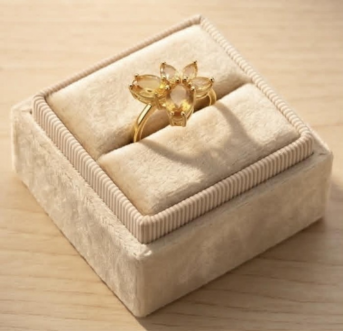 Golden Treasure 8.5 carat Brazilian Citrine 18K Gold over .925 Sterling Silver Handcrafted Ring size 8 - Gold ring with Brazilian citrine in box, top view.