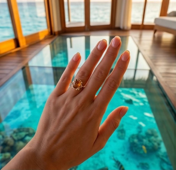 Queen of Fire best quality 6.4 carat BALTIC AMBER 2 tones .925 Sterling Silver handmade ring 7 - Hand wearing Queen of Fire Baltic Amber ring by the ocean