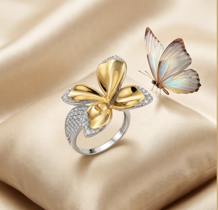 Lotus White Topaz highly polished 18K Gold over .925 Sterling Silver Italy made ring s. 8 adjustable - Butterfly ring on satin, top view, with a butterfly beside it.