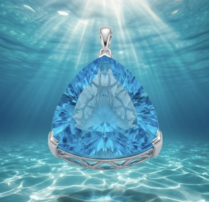 Trillion cut 28.5 carat Vintage style Swiss Blue Topaz .925 Sterling Silver DIPPED IN RHODIUM handmade Pendant - Close-up of trillion cut Swiss Blue Topaz pendant against watery background.