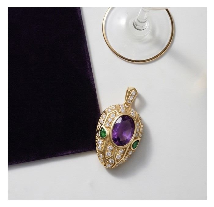 Seducer - Cobra 10.5 carat Amethyst 22K Gold over .925 Sterling Silver handcrafted Pendant - Close-up of Seducer Cobra pendant with amethyst and green stones.