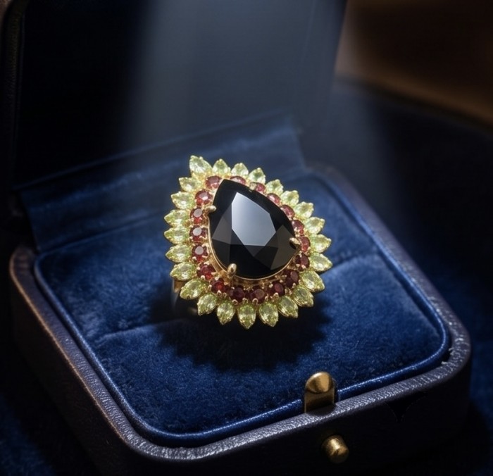 Roxanna - Huge 29.7 carat Black Onyx 18K Gold over .925 Sterling Silver handcrafted STATEMENT ring; s. 7 - Close-up of Roxanna black onyx ring in gold setting, in jewelry box.