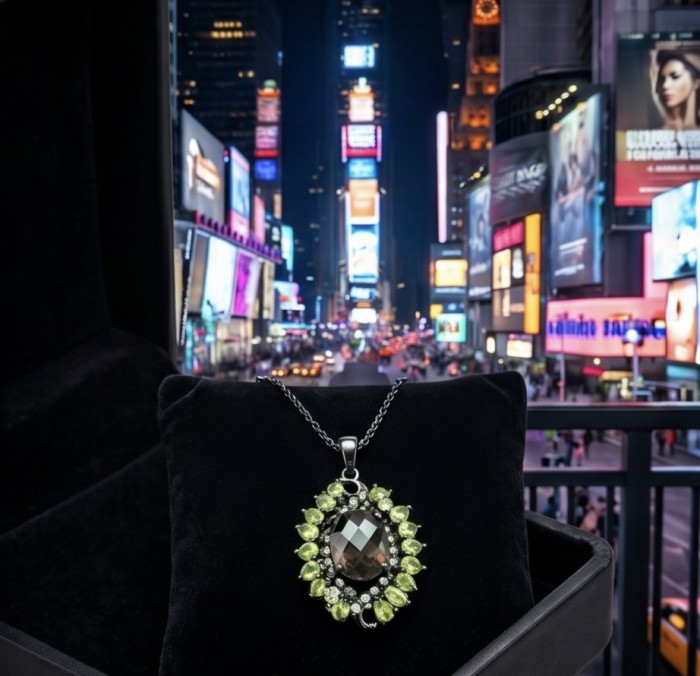 Authentic 18.5 carat Smoky Topaz black rhodium over .925 Sterling Silver handmade Statement Pendant - Topaz pendant with green gems in Times Square background. Front view.