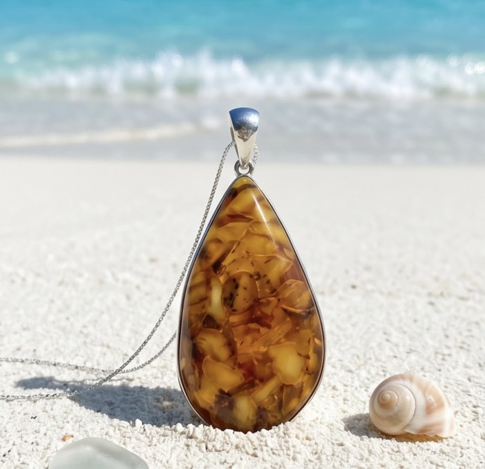Rare!- vintage Style - natural Baltic Amber .925 Sterling Silver handcrafted HUGE necklace - Close-up of teardrop Baltic amber pendant on beach sand with seashells.