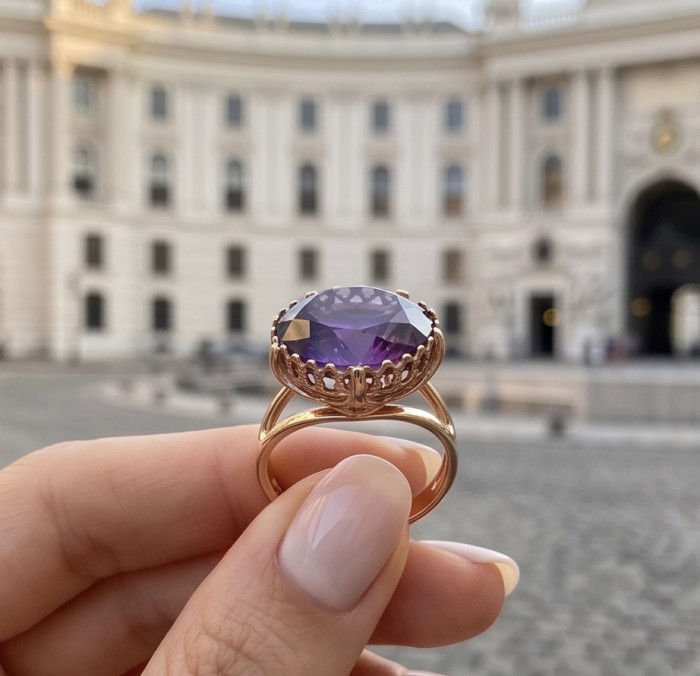 Peace 10.5 carat natural Amethyst 18K Gold over .925 Sterling Silver Handcrafted Ring size 9 1/4 - Close-up of amethyst ring held in front of an architectural background