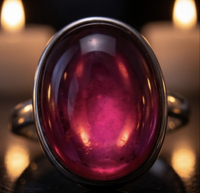 Bella Rosa Genuine 10.5 CARAT Star Ruby rhodium over .925 Sterling Silver Large Statement Ring size 10 - Close-up of Bella Rosa 10.5 carat star ruby ring with candlelight.