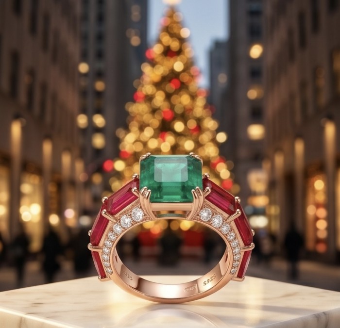 Giovanna 6.7 carat Ruby Emerald .925 Sterling Silver dipped 22K Rose Gold handmade Statement Ring size 6 - Emerald and ruby ring close-up with blurred festive background.
